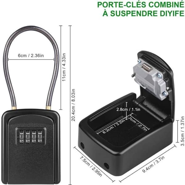 Metal Key Cabinet with Cable, Secure Key Safe with 4-Digit Combination Lock, Waterproof for Outdoor Use, Black