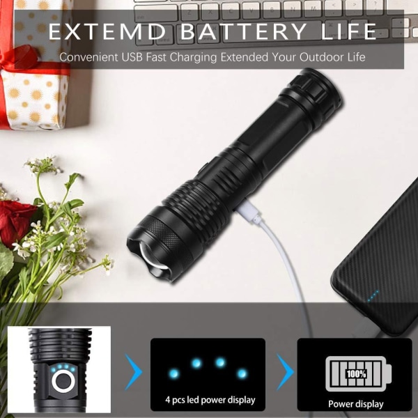 Torch Lommelygte LED Lommelygte 3000 Lumen Zoom Super Lys USB Genopladelig 4 Tilstande med Batteri til Camping, Jagt, Politi