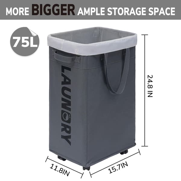 Laundry Basket with Wheels, 75L Foldable Large Laundry Hamper, Laundry Cart with Removable Laundry Bag for Laundry Room-tfrf