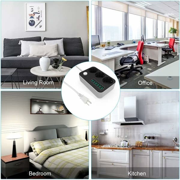 Power strip with 6 USB sockets 3 compartments 2500W 17W 5V 3.4A 1.6M cable, with switch socket protected against overload,