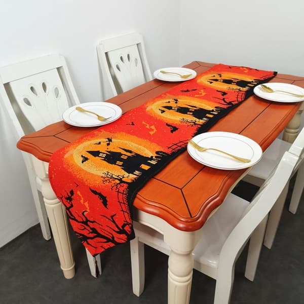 Halloween Linen Table Runner 33x180cm – Red Striped Tablecloth for Autumn & Festive Table Setting