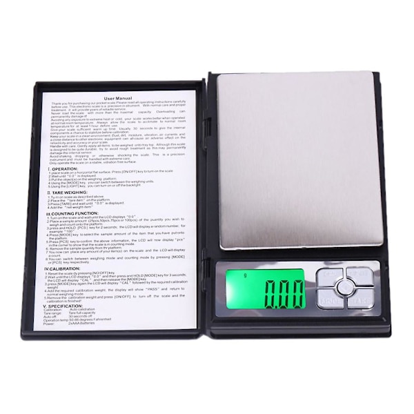 0,1 Grams Precisions Smyckes Elektronisk Digital Vågskala Fickvåg 2000g Svart