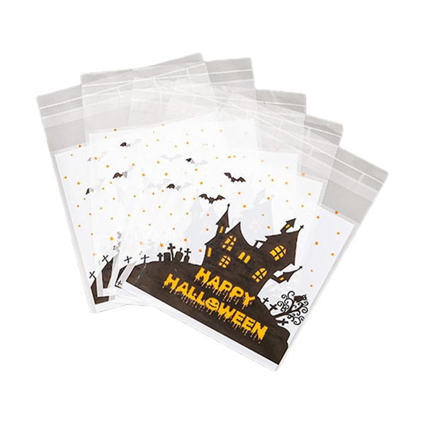 100 st Halloween Godis- och Kekspåsar Självhäftande Cartoon Pumpa Häxa Spöke Tryck Transparent Snack Förpackning Snackpåsar Grön Mörkt Slott