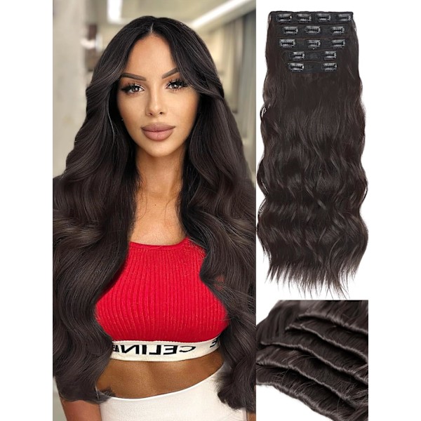 Hår Extensions Løft Hodeskallen 5 PCS Clip in Hår Extensions for Kvinner Mørk Brun Syntetisk Langt Bølgete Hår Extensions 20 Tommer
