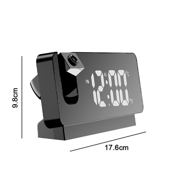 Projektionsväckarklocka för sovrum, digital väckarklocka radio med dimmer och USB-laddningsportar, 180 roterbar projektor, dubbelt alarm, snooze, klar svart Black