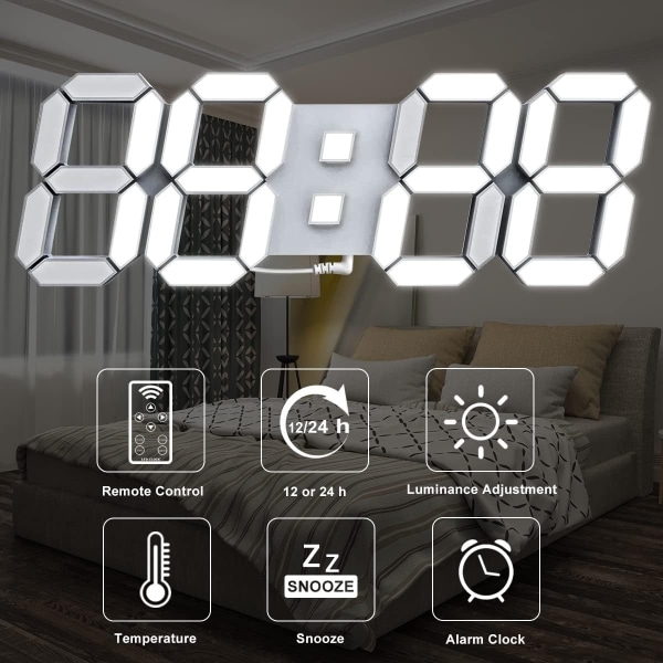Digitaalinen LED-seinäkello 3D modernit pöytäkellot, joissa on suuret valkoiset valonumerot, hälytys, kaukosäädin, olohuone ja kotitoimisto lapsille ja teini-ikäisille