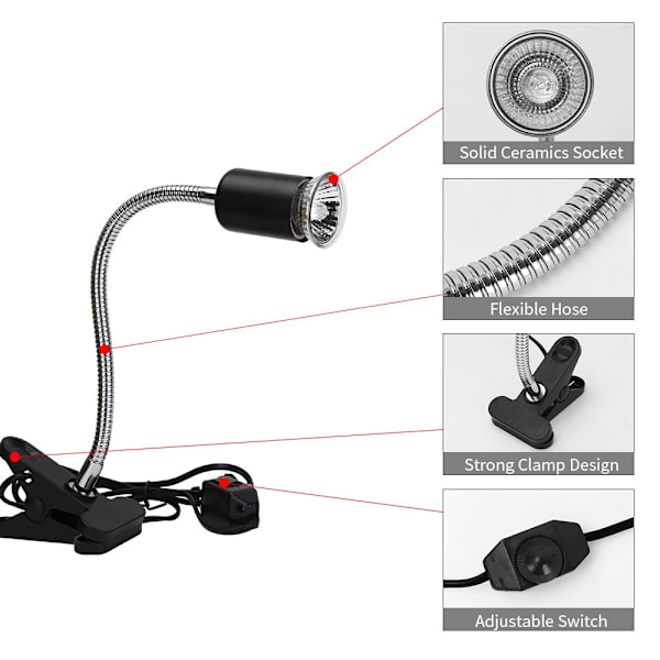 Pakke med 2 1* UVA UVB 75W pærer + 1* lampehus, Reptillampe Opvarmet Landskildpaddelampe med Lang Base 360° Rotation til Reptiler
