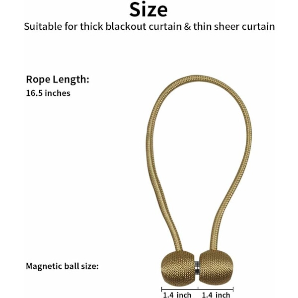 2 Pak Magnetiske Gardinbindere til Gardiner, Draperier, Stue Kontor Dekoration, Ingen Værktøjer Krævet (Guld)