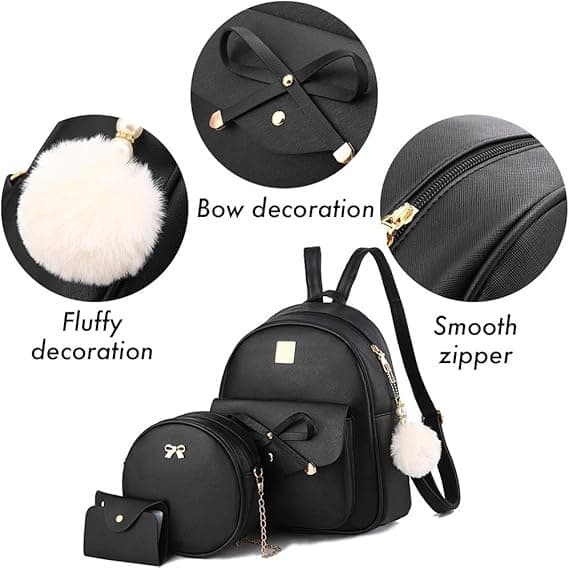 Girls' Three-Piece Set with Bow Tie, Leather Backpack, Women's Backpack, Small Casual Backpack