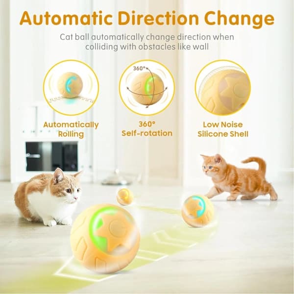Interactive Cat Toy Ball, Automatic Rolling Cat Toys for Indoor Kitten, with 2 Modes, LED Lights Replaceable, Rechargeable, Yellow