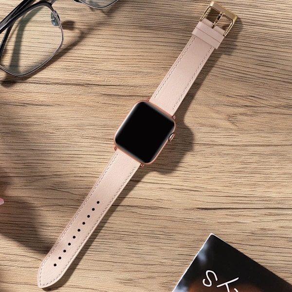 Apple Watch Läderarmband, Äkta Läder Ersättningsarmband för Apple Watch Series 9 8 7 6 5 4 3 2 1 & iWatch SE, Ultra (38mm 40mm 41mm, Roséguld) Pink