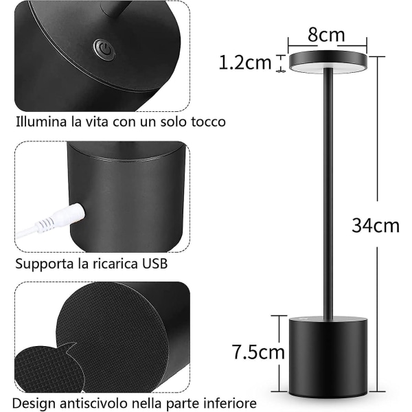 Sladdlös bordslampa, laddningsbart batteri, 2 ljusstyrkenivåer, sänglampa, för vardagsrum, sovrum, kontor, studio
