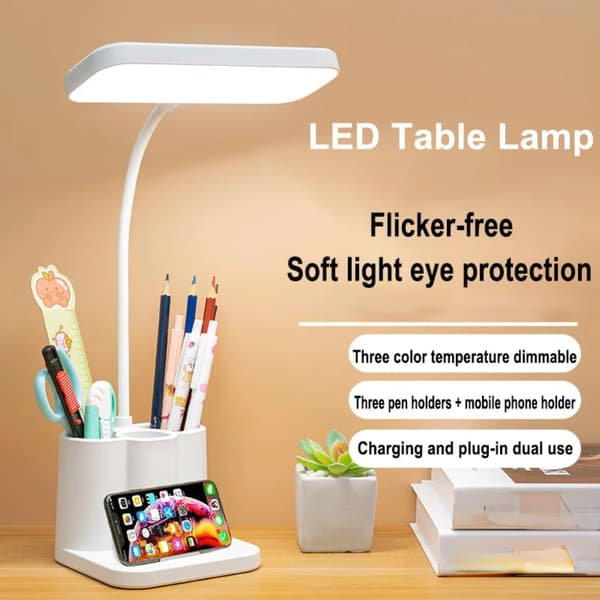 Table Lamp Three-Color Eye Protection 3 Speeds Dimmable USB Rechargeable Night Light Leather Table Lamp Bedroom Desk