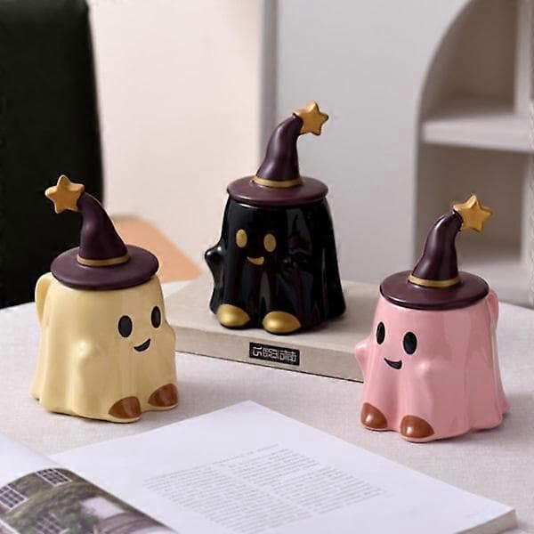Halloween Ghost Ceramic Mug, Novelty Themed Mug, 401-500ml Halloween Coffee Mug with Lid - Friendly Ghost (Pink) Pink