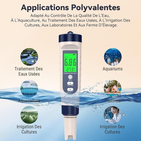 5-i-1 pH-måler, pH, TDS, EC, salinitet, termometer, pool-pH-tester med baggrundsbelyst LCD-skærm og temperaturkompensation