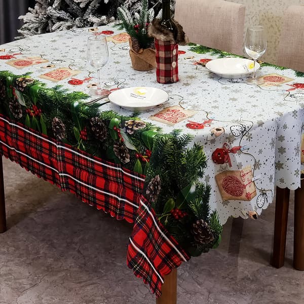White Christmas Tablecloth, Winter Theme with Trees, Rectangular Table