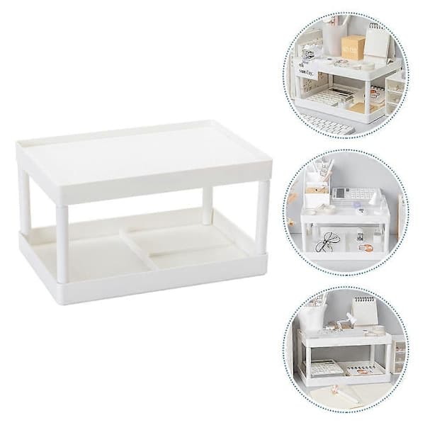 PC Simple Storage Shelf Double Layer Shelf Desk Stand for Office Supplies (White)
