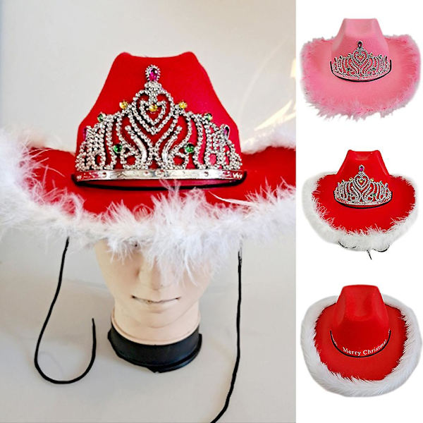 Rød Cowboyhat med Fjederkant og Sekvin-krone Stor Kant Voksen Børn