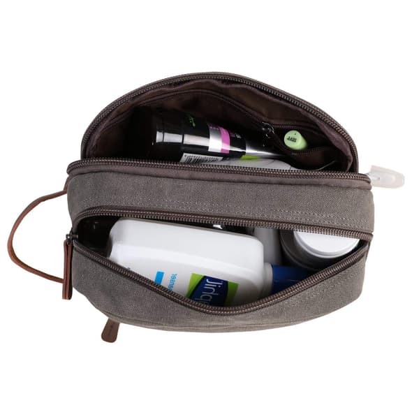 Herr Necessär med Dubbla Fack Canvas Läder Kosmetisk Makeup Organizer Rakning Dopp Kits - Grå