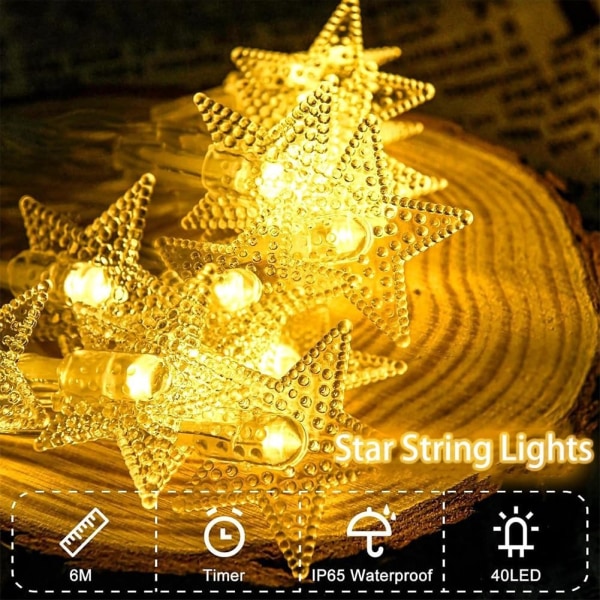 Star String Lights, 20 FT 40 LED Star Fairy Lights Paristokäyttöiset vedenpitävät tuikkivat jouluvalot makuuhuoneeseen, juhlakoristeet (lämmin valkoinen)