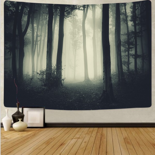 Misty Forest Tapestry Vægophæng, Halloween Vægtapet til Soveværelse Stue, Scary Fantasy Foggy Forest Backdrop Dark Fanta
