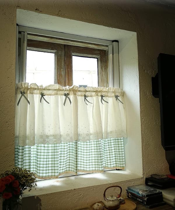 Short Kitchen Curtain for Small Windows, White Cotton Plaid with Blue Check Pattern and Bow, Cafe Curtain
