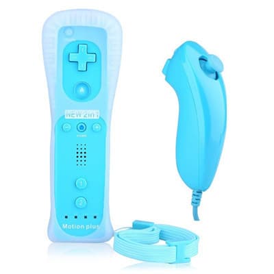 1 sett blå 2-i-1-kontroller for Wii, Nunchuck-kontroller, stropp