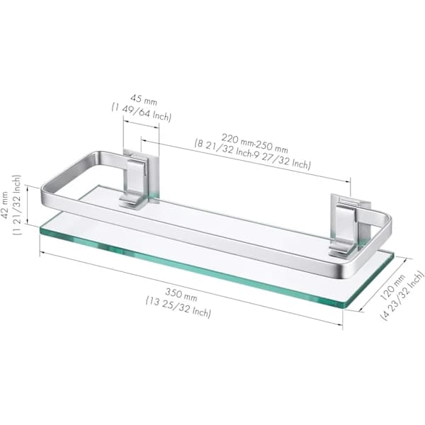 Aluminum Bathroom Shelf with Tempered Glass, Rectangular, 1 Layer, Extra Thick, Silver Sandblasted, Wall Mounted