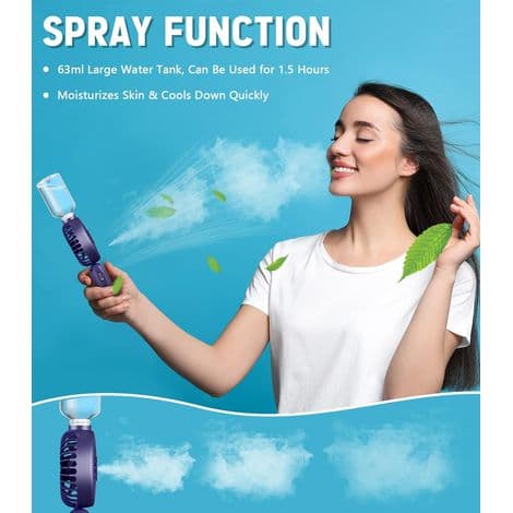 Portable fan with mist function, rechargeable, 5 speeds, 90° foldable, ideal for camping, home and office, purple