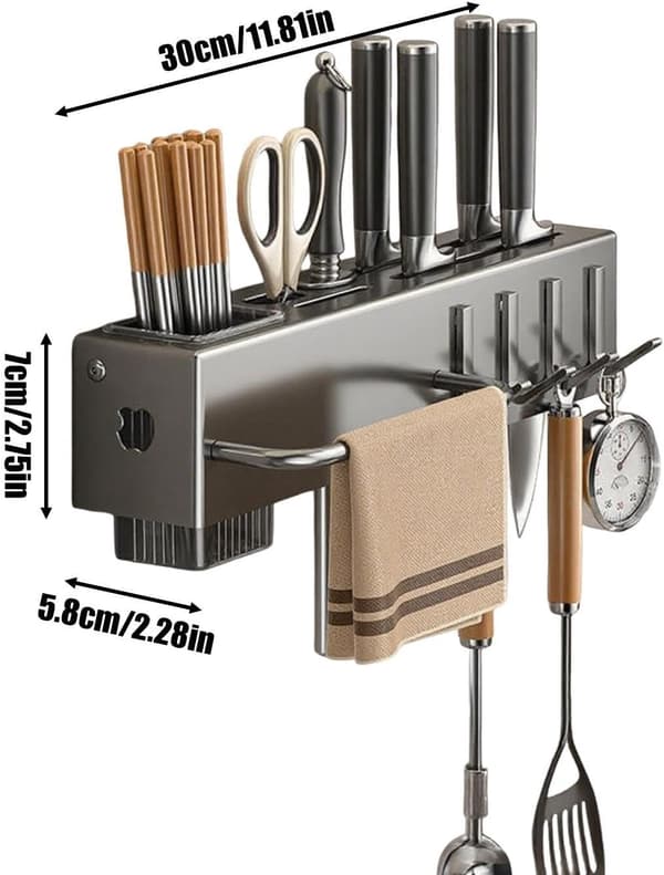 Drill-Free Wall-Mounted Kitchen Utensil Holder with Hooks, Hanging Spatula Spoon Cutlery Storage Rack Kitchen Accessory Organizer