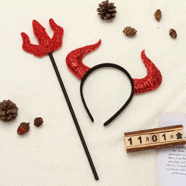 Devil Set 2 pieces Trident and headband with horns One size Red A