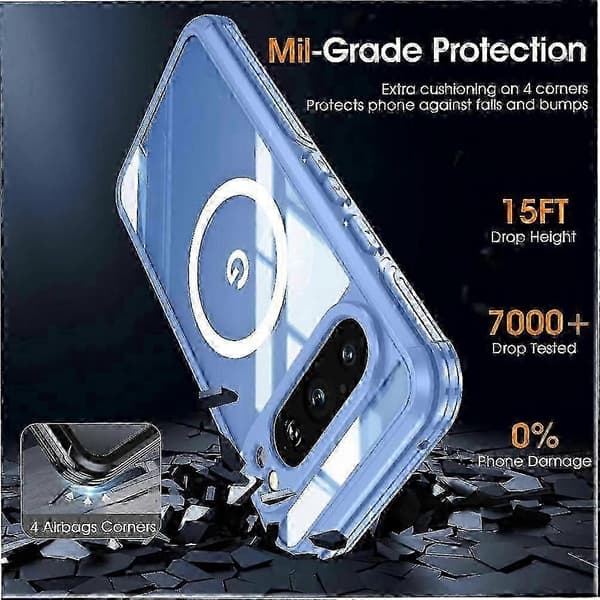 Magnetic Case for Google Pixel 9 Pro XL Glass Screen Protector 360 All Inclusive Military Drop and Crash Proof Compatible with MagSafe Blue Blå