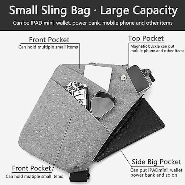 Slyngeveske, lett crossbody skulderveske brystvesker dagssekk, en stropp anti-tyveri slyngeveske for kvinner menn DB grå grey right shoulder