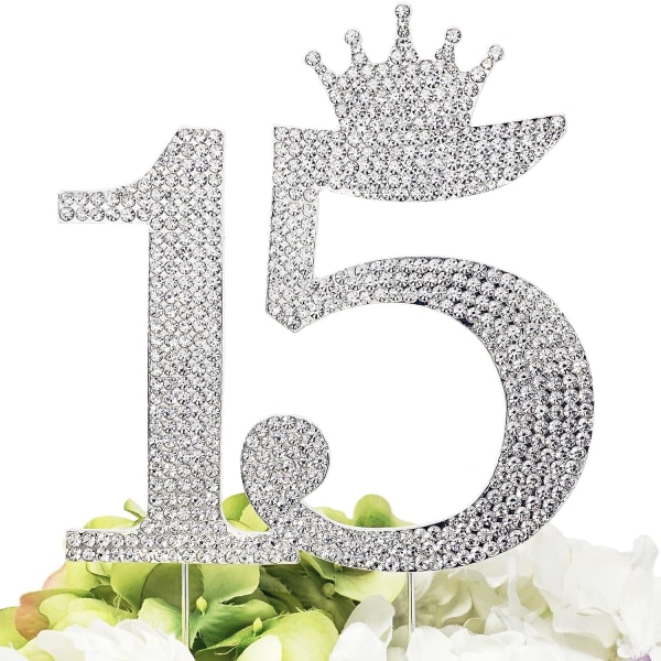 15 Quinceanera Princess Crown Cake Topper - Sød 15-års fødselsdagsfest (sølv)