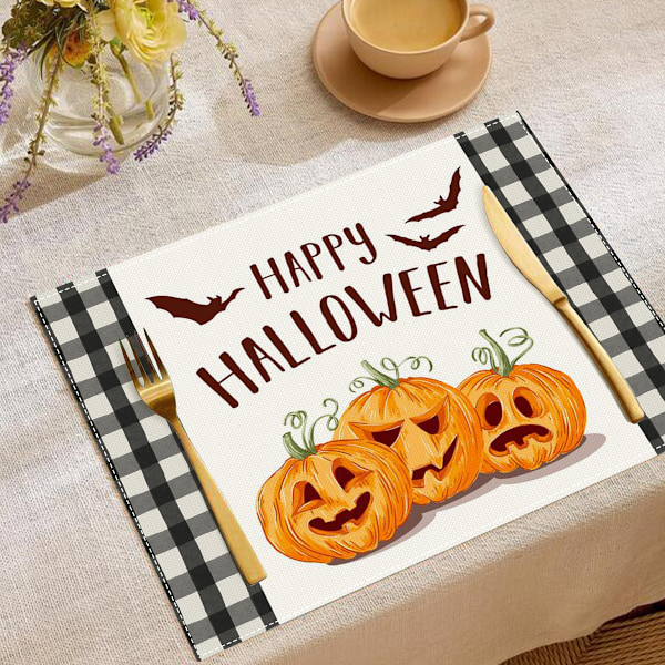 Sett med 4 absorberende middagsservietter, Halloween-spøkelse svart katt gresskar trestruktur gjenbrukbare servietter vaskbare dukservietter