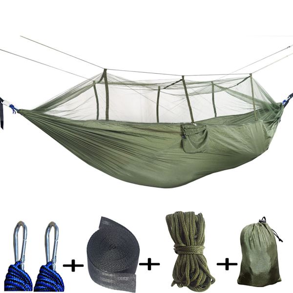 Campinghängmatta Set med Myggnät, 2 Trädband Karabiner Dubbla Rep Bärbar Utomhus Lätt Nylonhängmatta för Camping