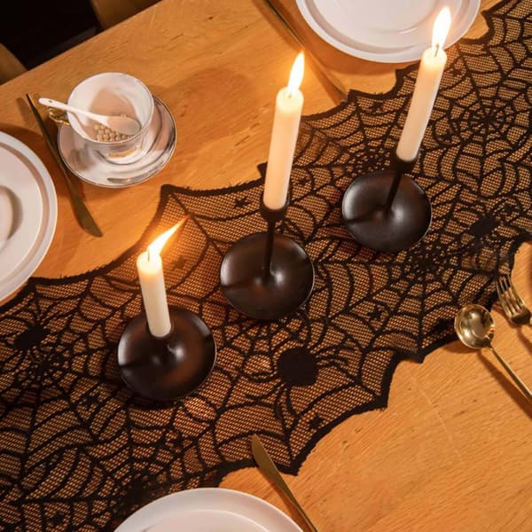 Halloween Table Runner Black Lace Spider Web Tablecloth, Polyester Halloween Table Decorations for Dining Table or Fireplace Mantel 183*45cm