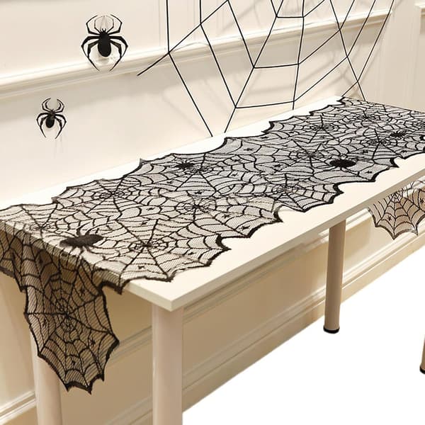 Halloween Table Runner Black Lace Spider Web Tablecloth, Polyester Halloween Table Decorations for Dining Table or Fireplace Mantel 183*45cm