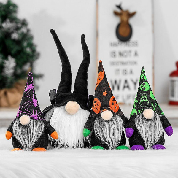 Halloween-tomte i plysch, handgjord, svensk tomte, nisse, skandinavisk älva, häxa, spindel, bordsdekoration