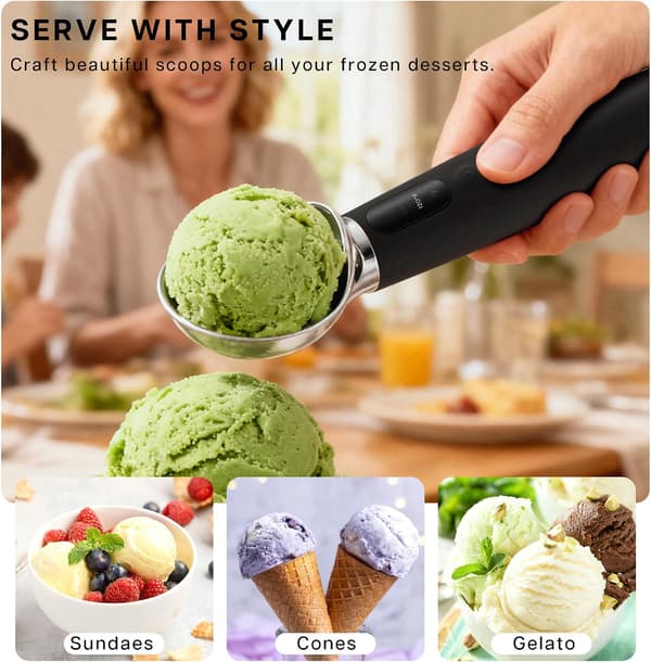 Heated ice cream scoop with three adjustable heat settings, LED display and rechargeable battery