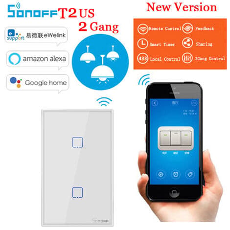 Sonoff T2 US 2C WiFi smart väggströmbrytare för röststyrning i smarta hem