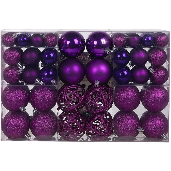 Paket med 100 julgranskulor, julgransdekorationer, julgranskulor, 100 metallkrokar, hängen, obrytbar lila purple