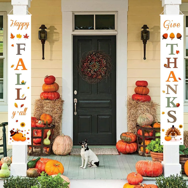 Efterårsdekorationer til hjemmet - Happy Fall Y'all & Give Thanks Porch Banners til Thanksgiving Dekorationer - Velkommen Efterårs Skilte
