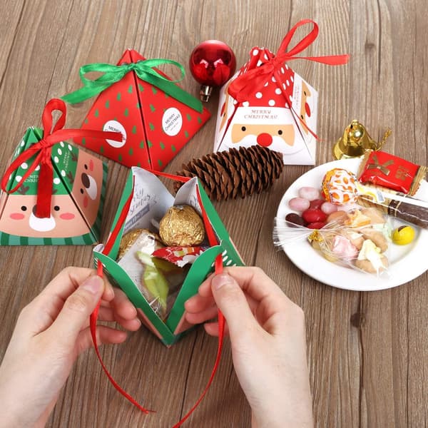 24 Christmas Candy Boxes Triangular Boxes with Ribbons for Biscui