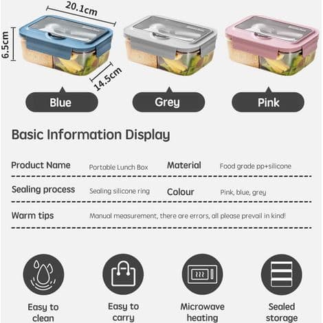 Microwave Safe Bento Lunch Box, 1400ml Lunch Box with 3 Compartments and Cutlery, Lunch Box for Picnic, Work (Blue)