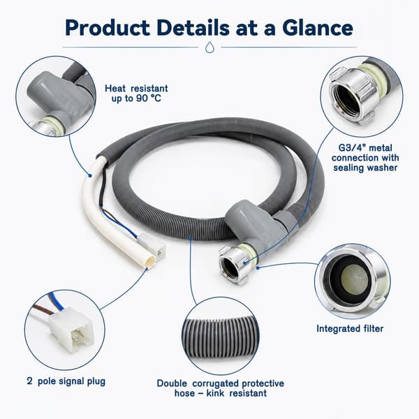 1.8 meter water hose with hose clamp | Universal hose, compatible with Bosch and Siemens