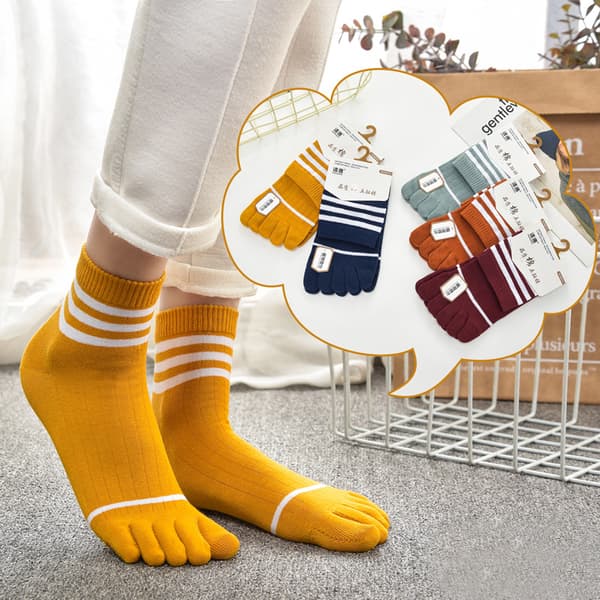 5-pack Toe Socks Mid-Calf Combed Cotton All Seasons - Three Stripe Style