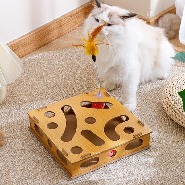 Cat Puzzle Box for Claws, Interactive and Fun Cat Game with Teasing Stick and Bell Ball