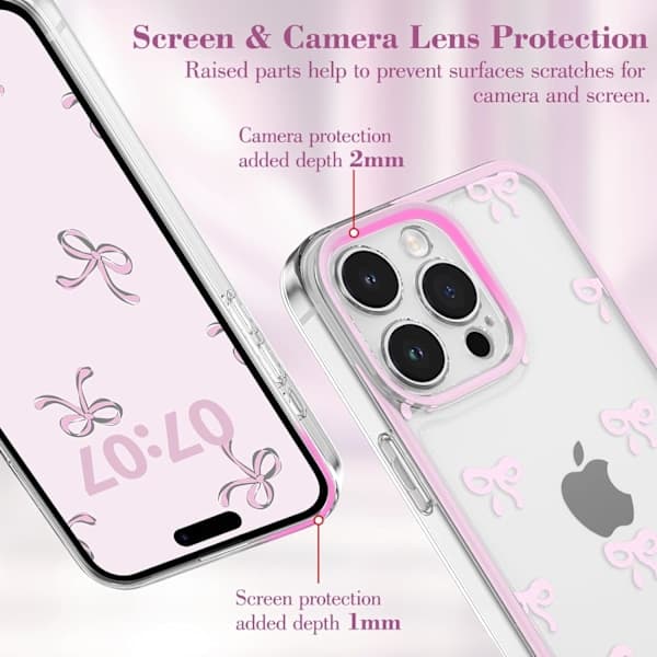 Etui til iPhone 15 Pro Max - Gennemsigtigt sødt sløjfemønster, forhøjet kamerabeskyttelse til piger - Pink iPhone 15PROMAX iPhone 15PROMAX