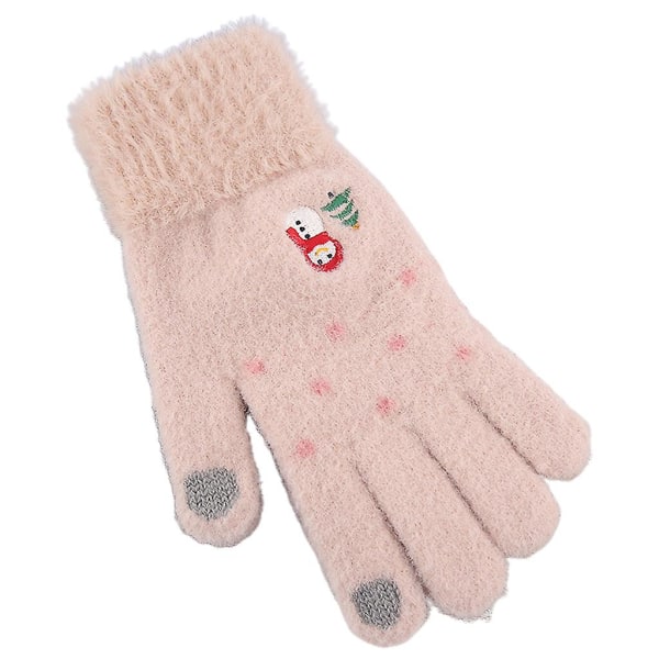 PinkWomens vinterplysch förtjockade varma pekskärmshandskar Söt snögubbe Julgran Helfingerstickade skidhandskar Rosa